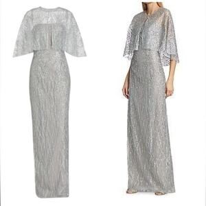Marchesa Notte Strapless Beaded Glitter Tulle Column Gown w Caplet silver NEW S